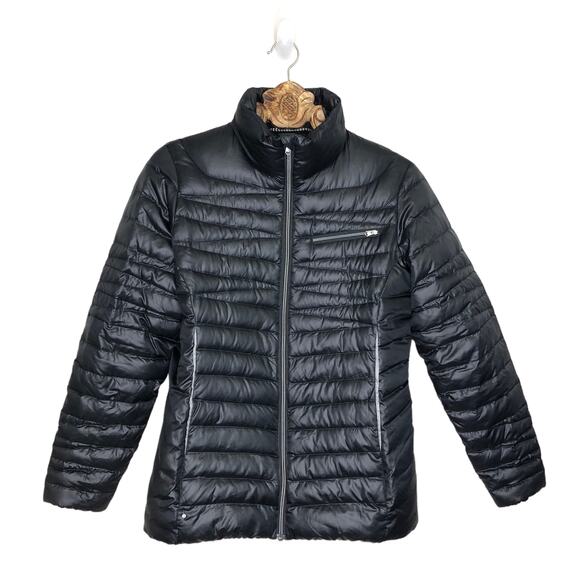 Spyder Timeless Down Jacket Winter Coat Puffer Black Glossy Zip Up High Neck L - Picture 1 of 13
